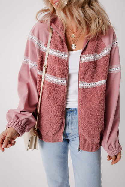 Cozy rose pink sherpa jacket with lace detailing and zip-up style