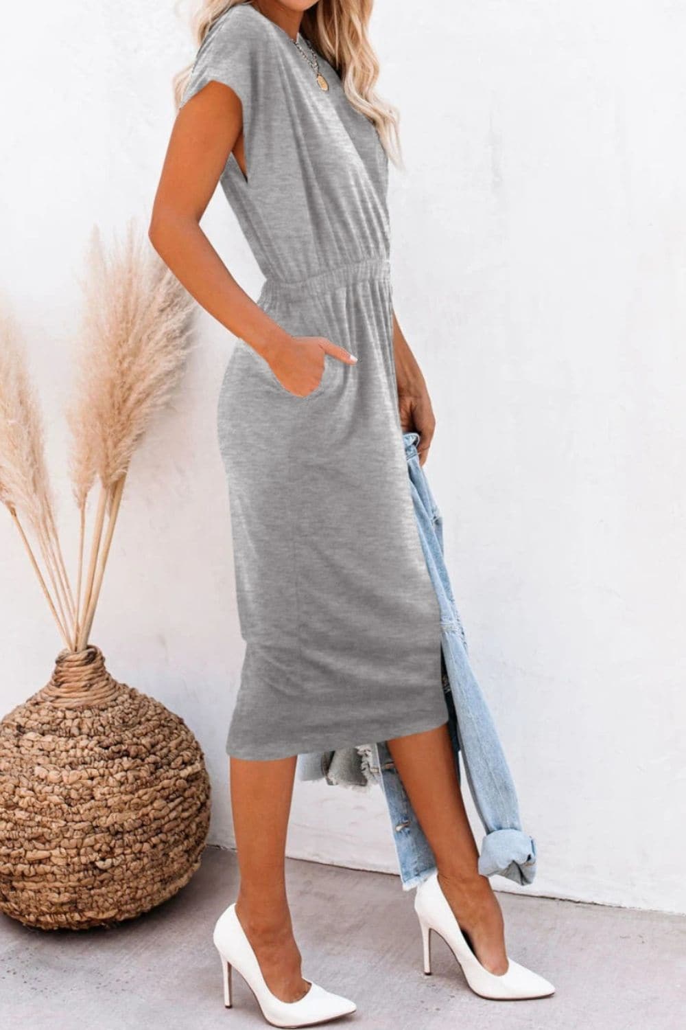 Pocketed Round Neck Cap Sleeve Dress.