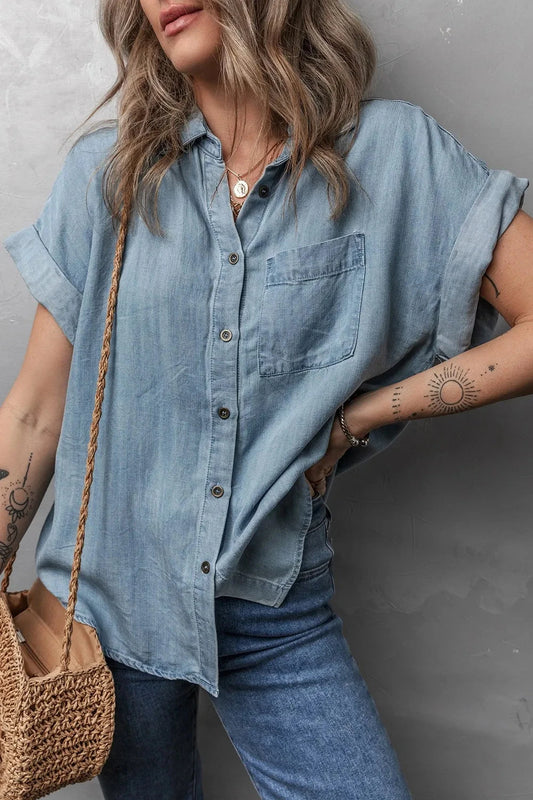 Folded Short Sleeve Patched Pocket Denim Shirt Simply Love