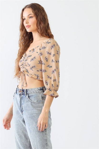 Miss Love / Kevin Co. Floral Ruffle Smocked Back Ruched Crop Top.