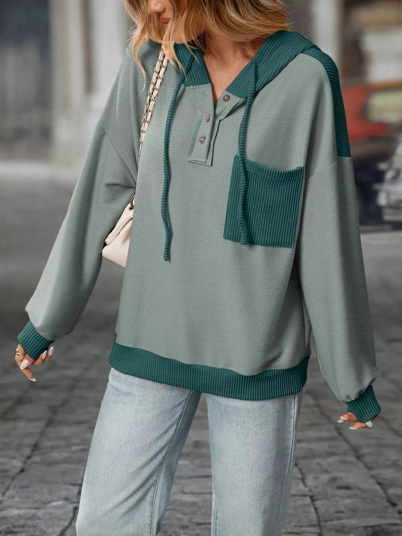 Casual Color Block Button Detail Hoodie Simply Love