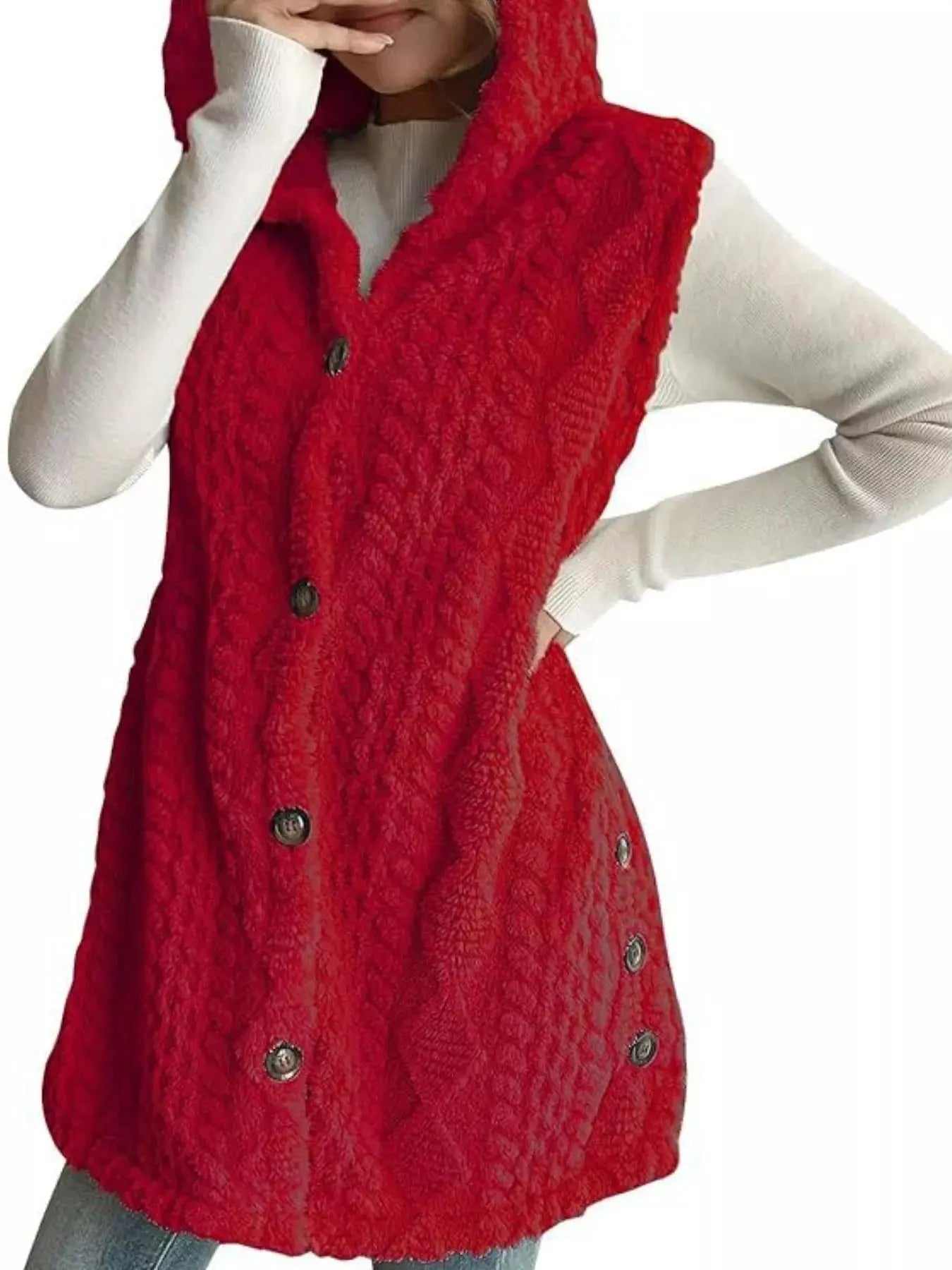 Hooded Button-Up Sherpa Vest Coat Simply Love