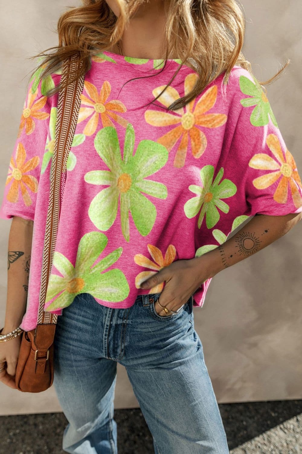 Flower Printed Boat Neck Half Sleeve T-Shirt.