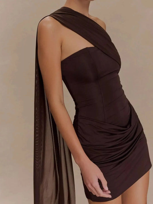Asymmetrical One-Shoulder Ruched Mini Dress Simply Love