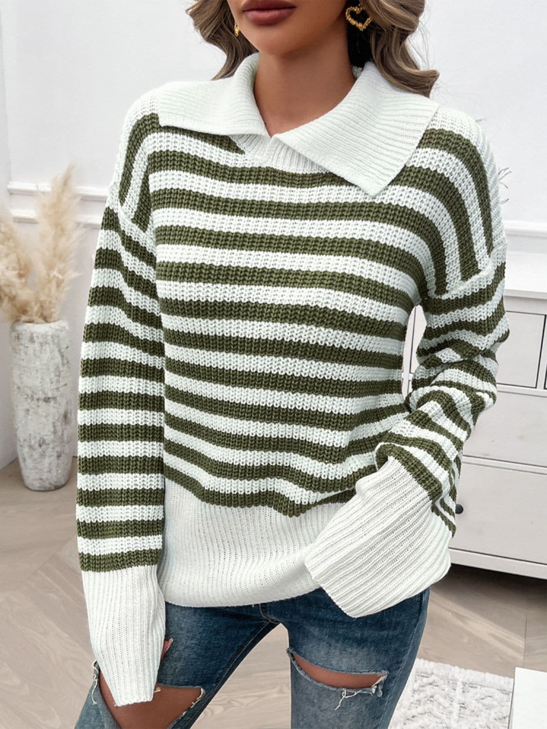 Striped Collared Neck Long Sleeve Sweater.