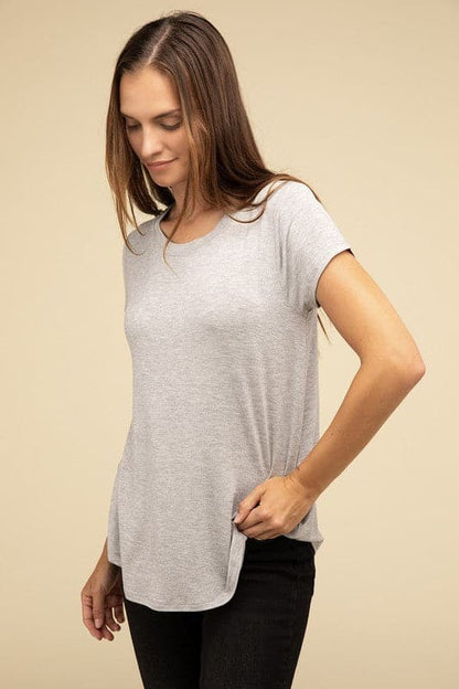 Flowy Round Hem Rayon Short Sleeve Top.