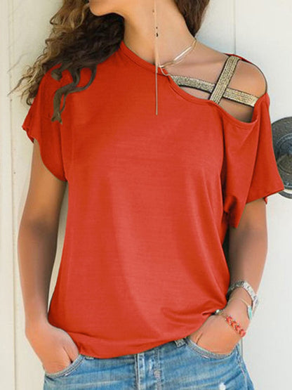 Chic asymmetrical neck tee with short sleeves