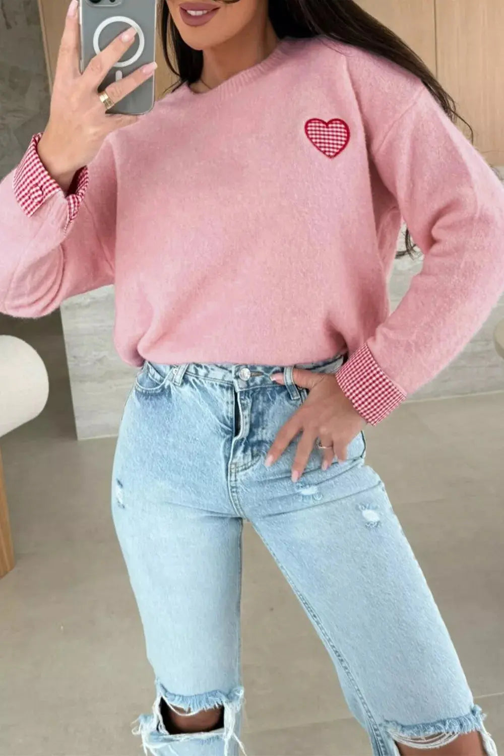 Plaid Heart Embroidered Cuffed Drop Shoulder Crew Neck Sweater Simply Love