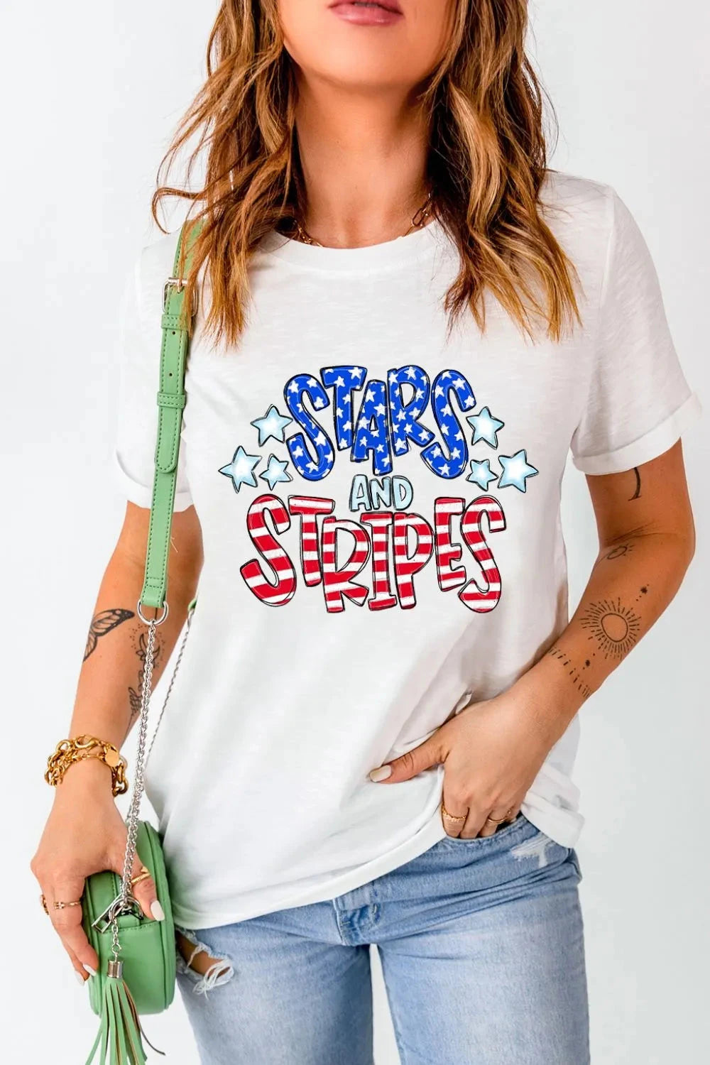 Stars and Stripes Round Neck Short Sleeve T Shirt Simply Love
