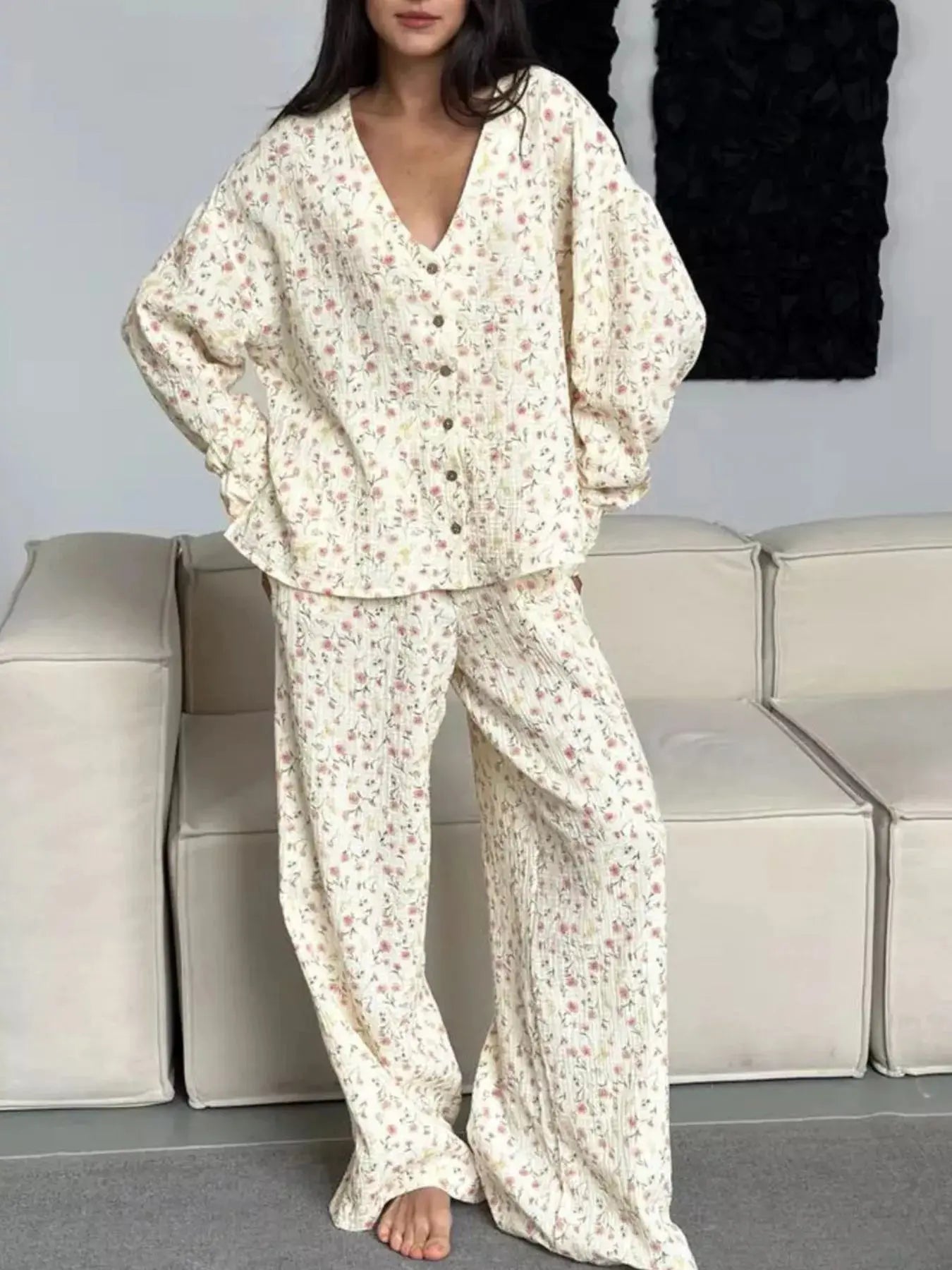 Floral Print Button-Down Top and Pants Lounge Set Simply Love