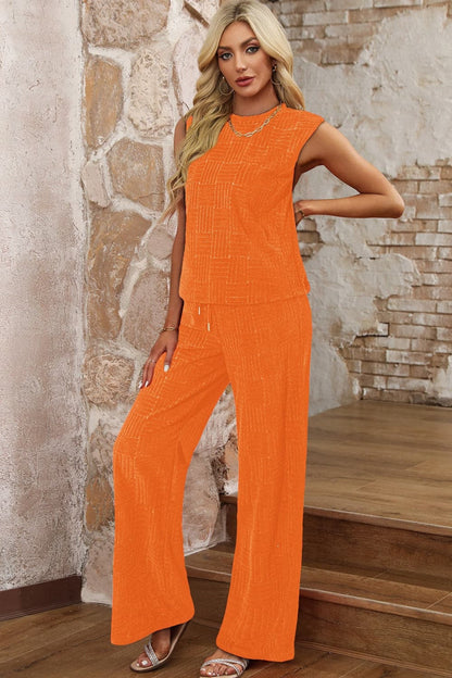 Round Neck Sleeveless Top and Pants Set.