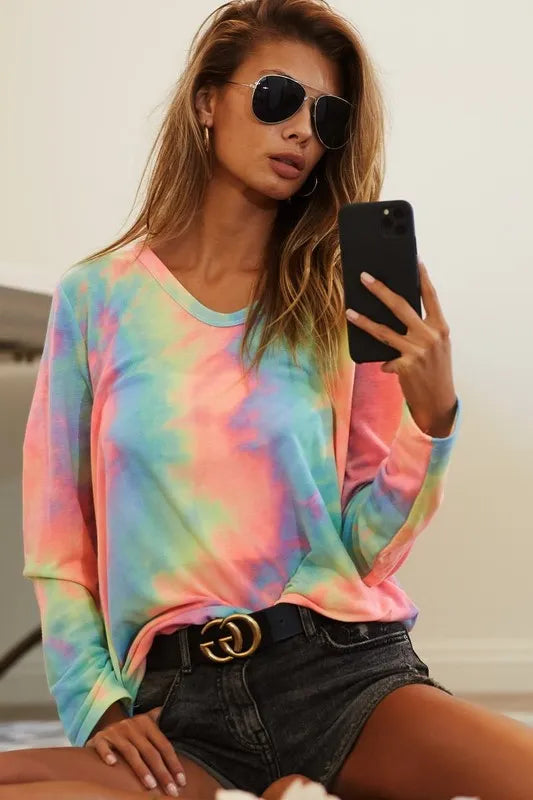 BiBi Tie Dye French Terry Long Sleeve Knit Top - Love Salve 