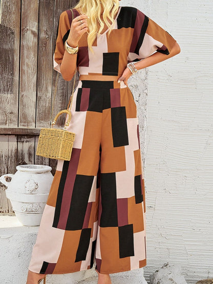 Color Block V-Neck Top and Wide Leg Pants Set.