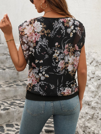 Printed Round Neck Cap Sleeve Blouse.