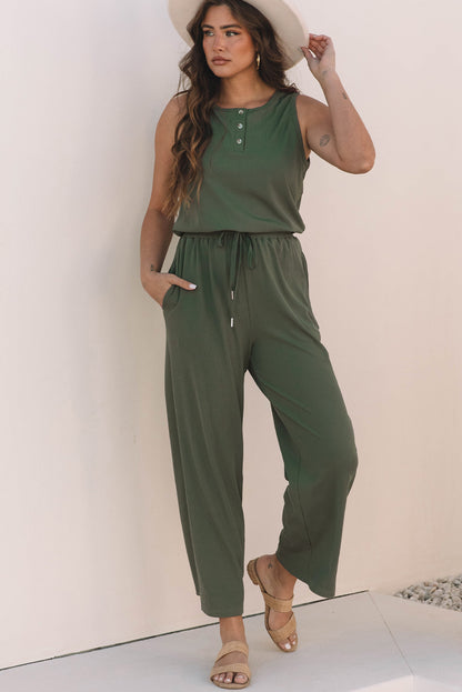 Vineyard Green Sleeveless Wide-Leg Jumpsuit with Drawstring Waist and Button Detail