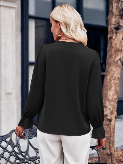 Ruffled V-Neck Flounce Sleeve Blouse