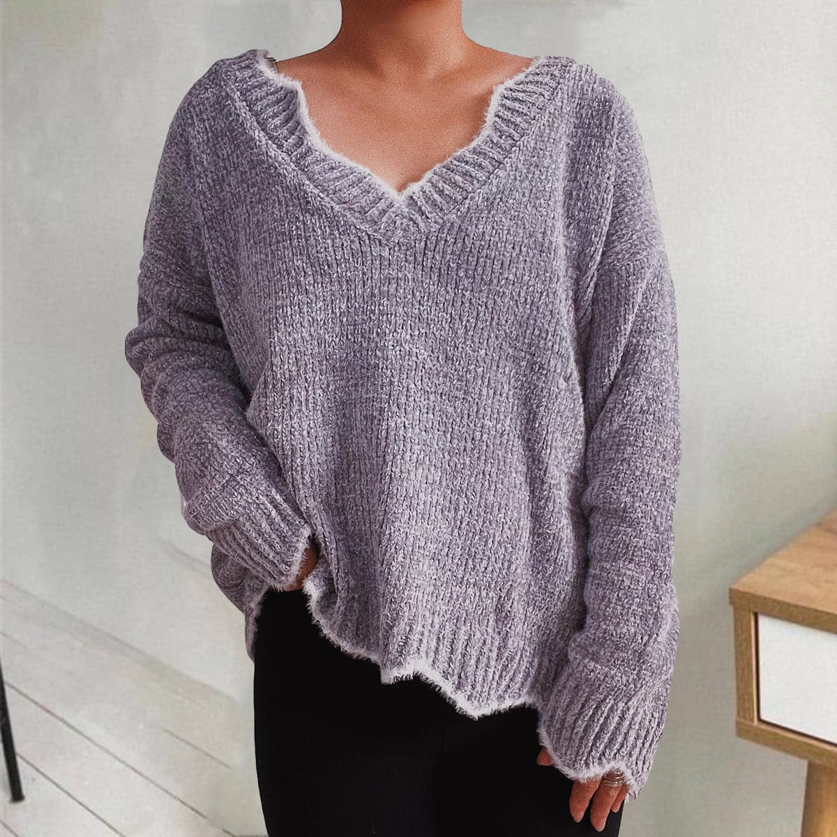 V-Neck Drop Shoulder Long Sleeve Sweater.