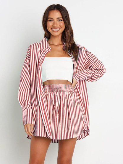 Striped Dropped Shoulder Shirt and Shorts Set.