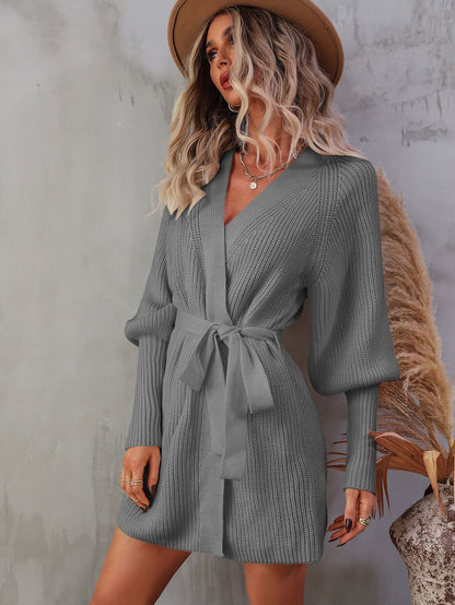 Belted Surplice Lantern Sleeve Wrap Sweater Dress.