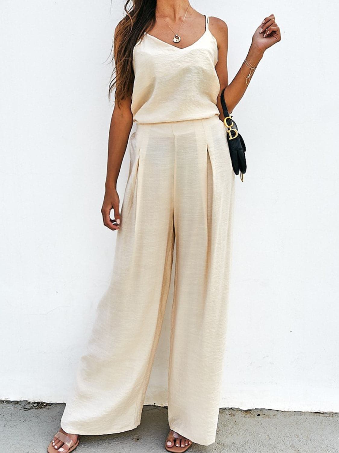 Spaghetti Strap Cami and Wide Leg Pants Set.