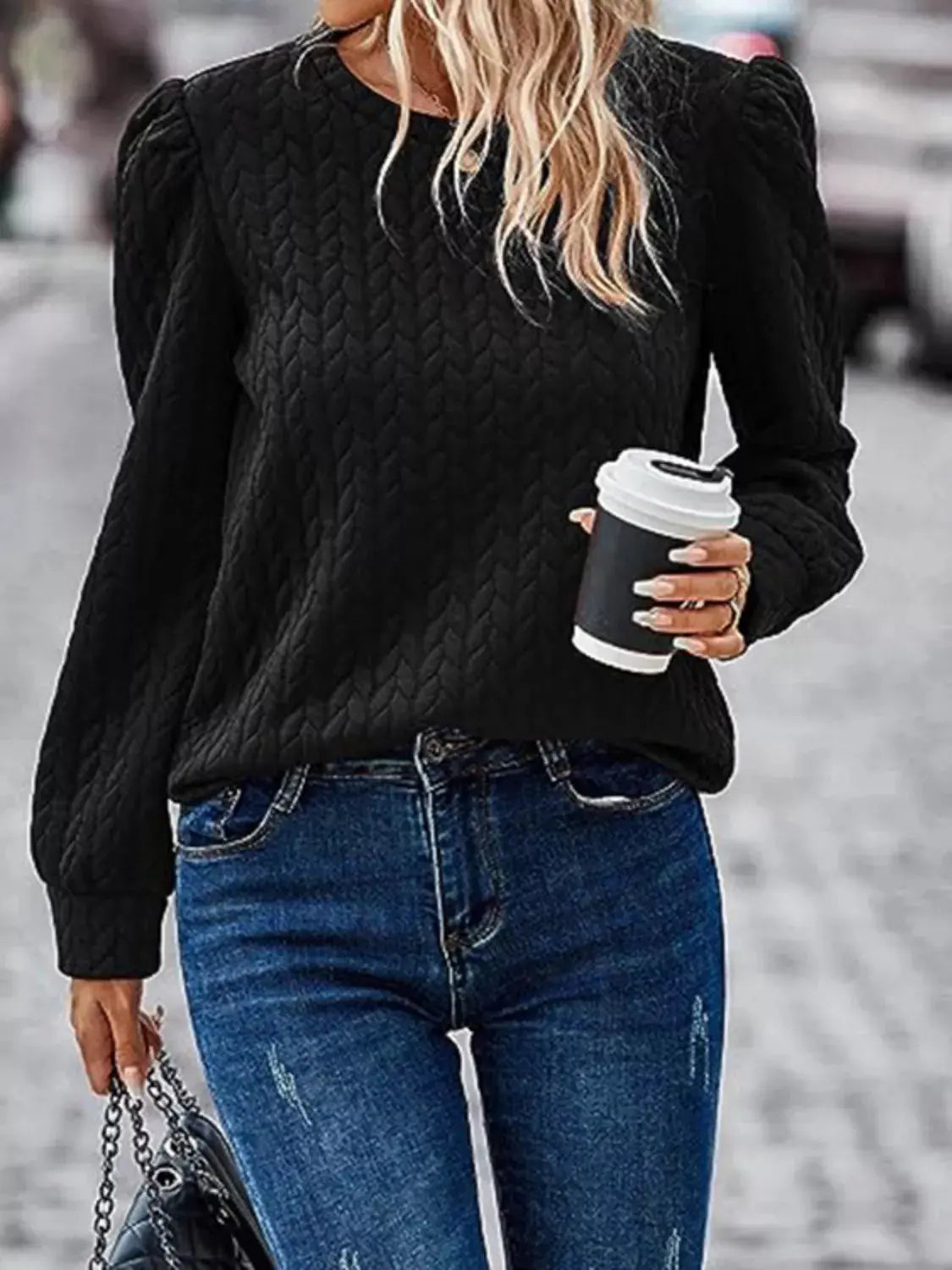Textured Round Neck Long Sleeve Blouse Simply Love