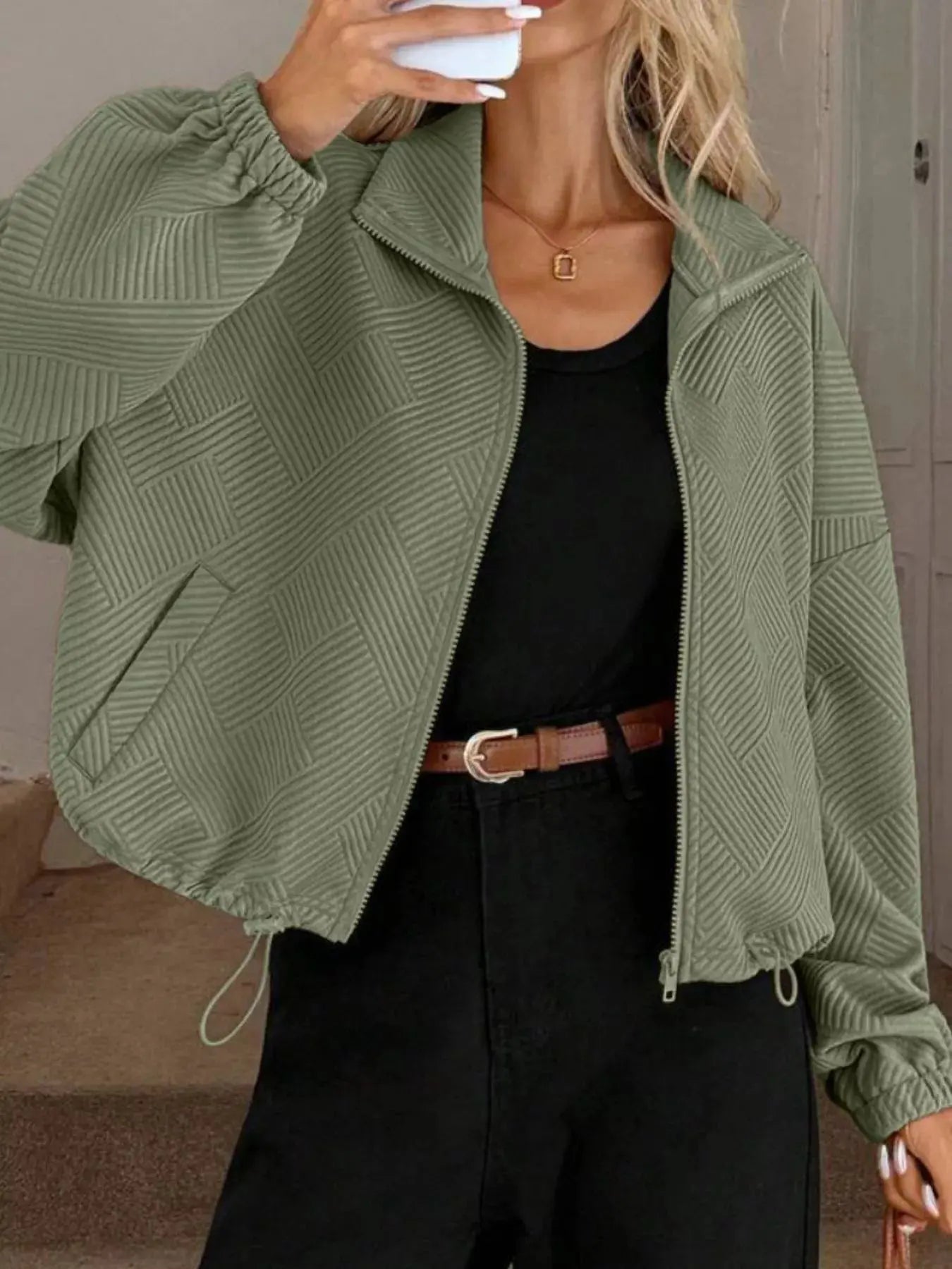 Textured Zip-Up Drawstring Hem Jacket Simply Love