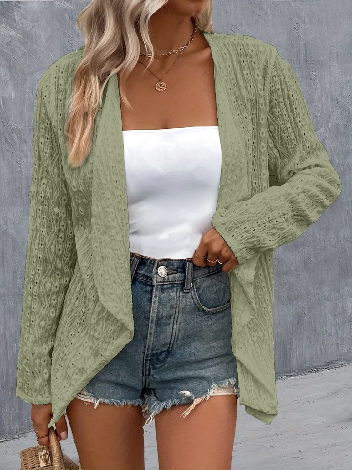 Eyelet Roll-Tab Sleeve Cardigan.