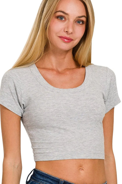 Zenana Ribbed Scoop Neck Crop Short Sleeve Top - Love Salve 