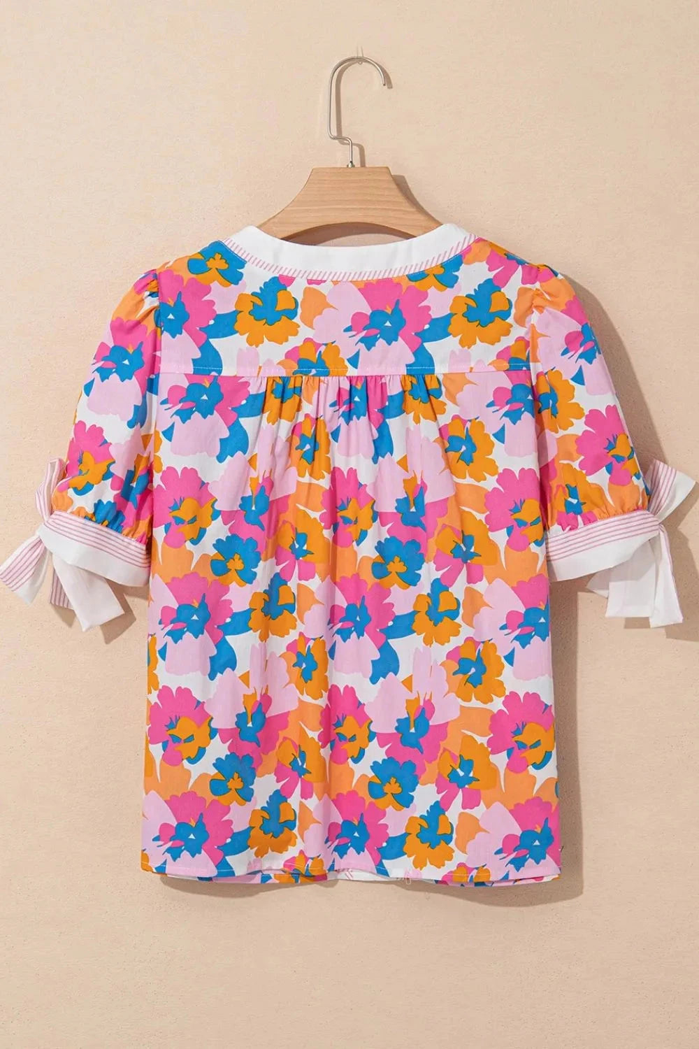 Floral Striped Edge V Neck Knotted Short Sleeve Blouse Simply Love