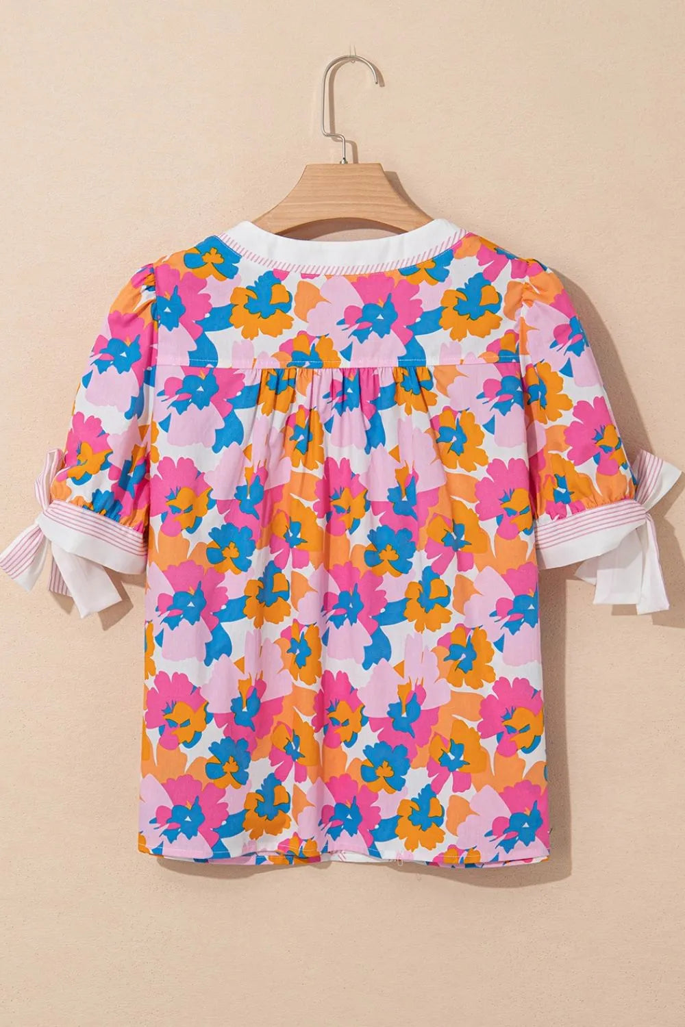 Floral Striped Edge V Neck Knotted Short Sleeve Blouse