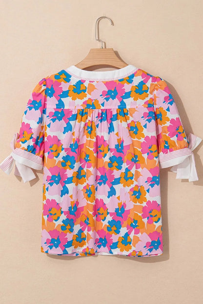 Floral Striped Edge V Neck Knotted Short Sleeve Blouse