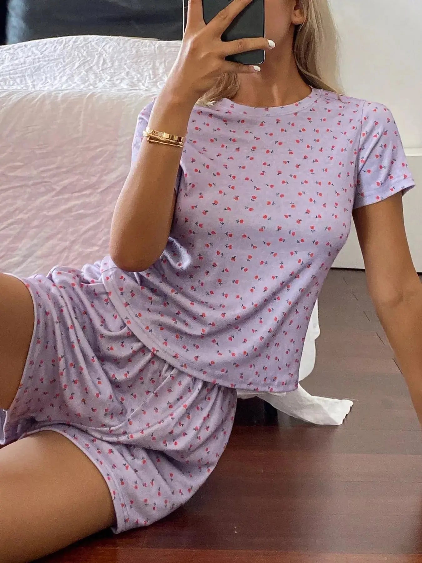 Floral Round Neck Top and Shorts Lounge Set Simply Love
