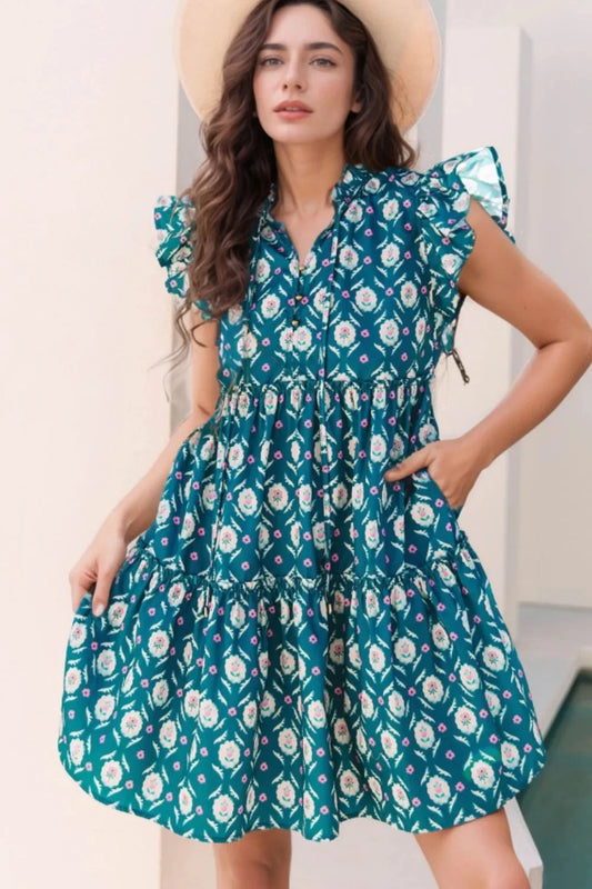Printed Tie Neck Ruffled Cap Sleeve Dress Simply Love