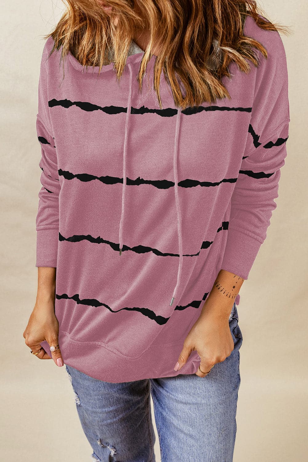 Drawstring Striped Dropped Shoulder Hoodie.