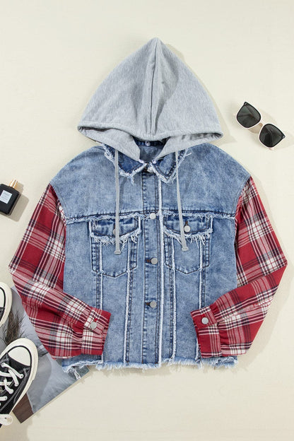 Raw Hem Drawstring Plaid Denim Jacket.