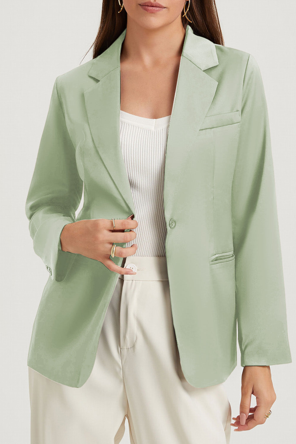 Chic green lapel blazer with single button and pockets