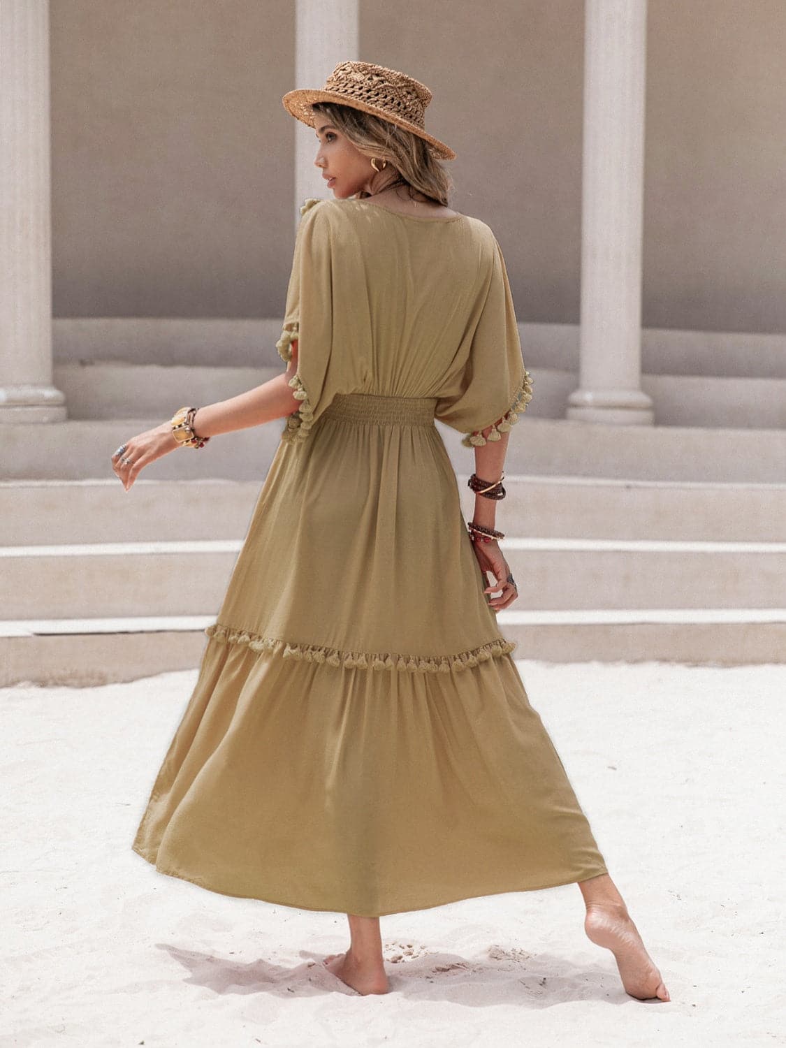 Tassel Trim Smocked V-Neck Short Sleeve Dress.