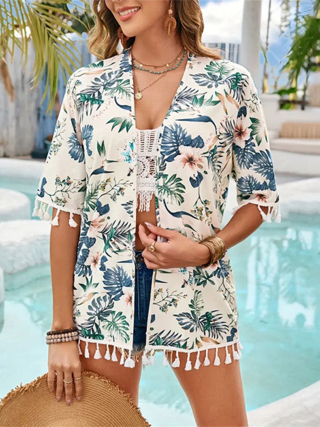 Tassel Printed Open Front Half Sleeve Cover-Up.