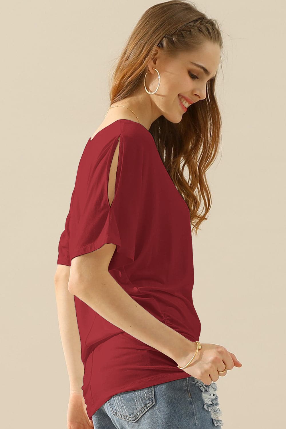 Ninexis Boat Neck Short Sleeve Ruched Side Top.