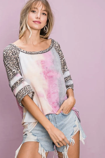 BiBi Tiedye French Terry with Leopard Sleeve Top - Love Salve 
