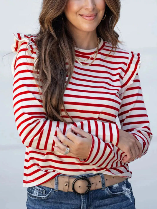 Striped Round Neck Ruffle Trim Long Sleeve Top For Women Simply Love