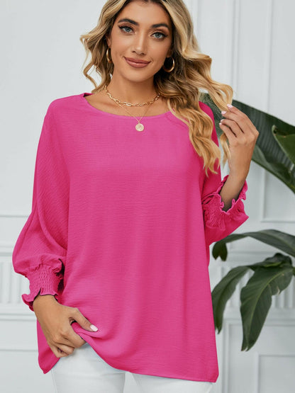 Smocked Lantern Sleeve Round Neck Blouse.