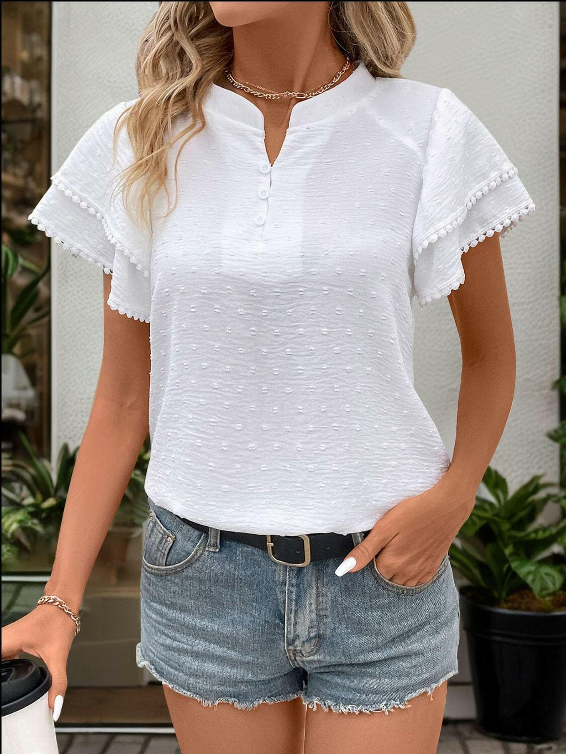 Swiss Dot Notched Short Sleeve Blouse.