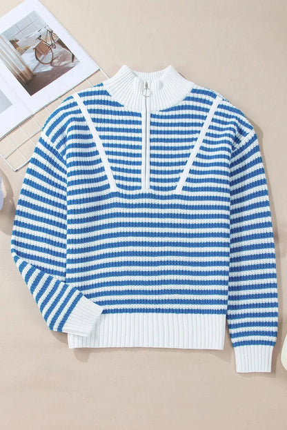 Striped Half Zip Long Sleeve Sweater.