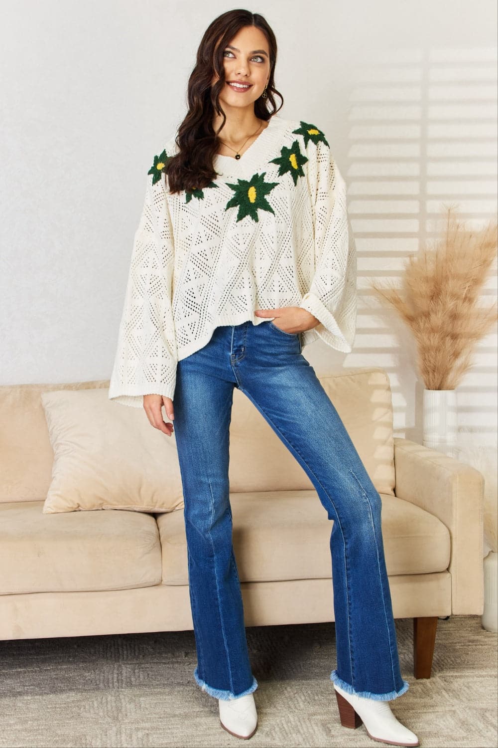 POL Floral Embroidered Pattern V-Neck Sweater.