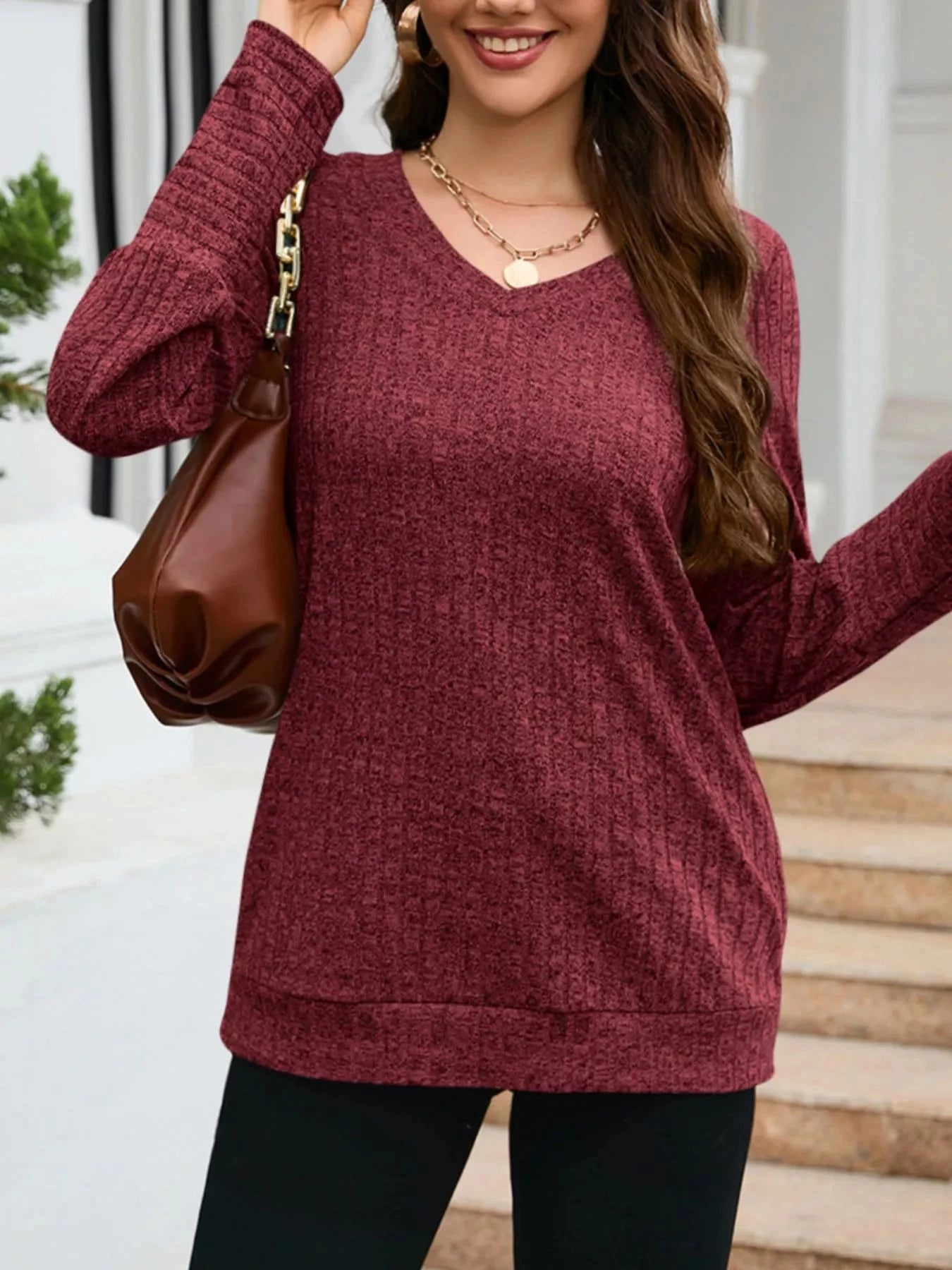 V-Neck Textured Knit Long Sleeve T-Shirt Simply Love