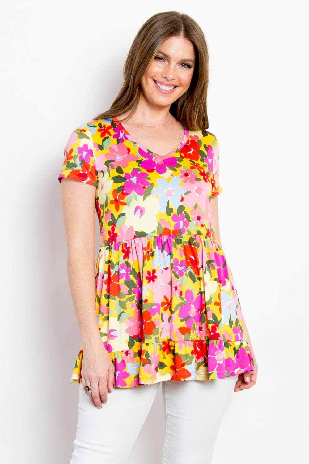 Be Stage Full Size Floral Wrinkle Free Ruffled Blouse.