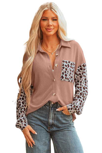 Dark Khaki Leopard Patched Twisted Ribbed Western Casual Shacket