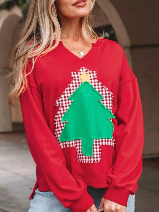 Plaid Frayed Double Christmas Tree Patched Drop Shoulder Sweatshirt Simply Love