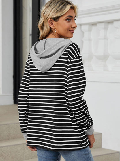 Drawstring Striped Long Sleeve Hoodie.